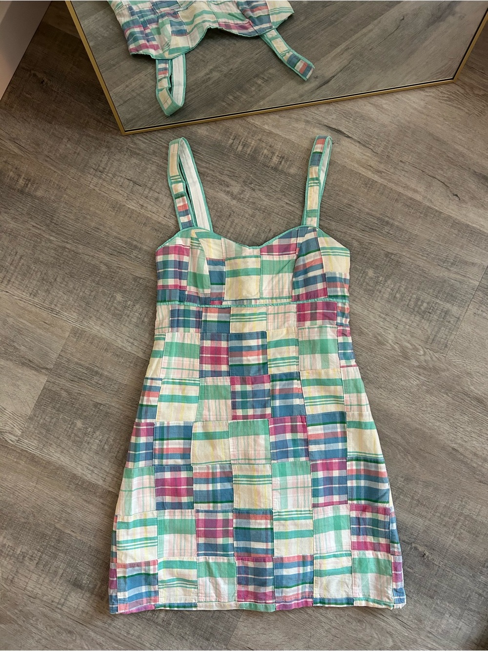 Vintage 90s Cleve Patchwork Madras Plaid Cotton Mini Dress Preppy Size 6